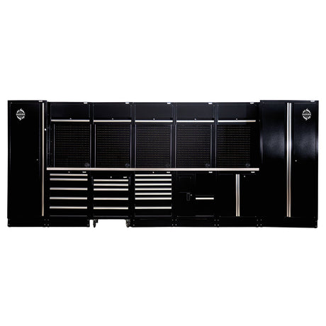 Black Bunker tool cabinet with multiple drawers on a white background