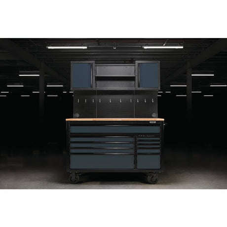 Bunker Black tool chest with wooden top in a dark garage setting