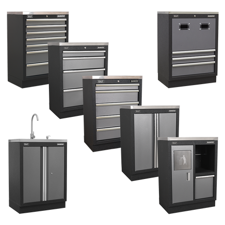 Sealey Superline Pro Set of black and gray toolboxes and cabinets on a white background