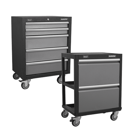 Sealey Superline Pro Set of two tool chests with multiple drawers on wheels, featuring a black and gray color scheme.