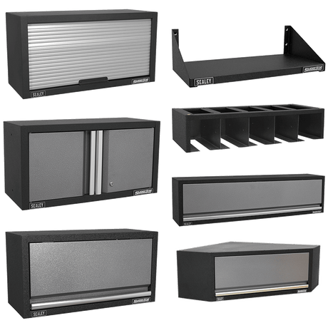 Collection of Sealey garage storage cabinets and shelves on a white background