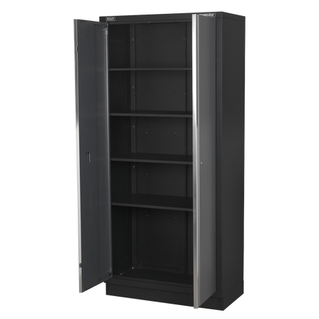 Sealey Superline Pro Black metal storage cabinet with open doors on a white background