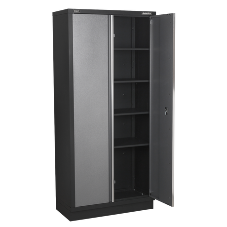 Sealey Superline Pro Black metal storage cabinet with open doors on a white background