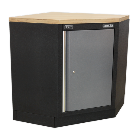 Sealey Superline Pro Black storage cabinet with a gray door and wooden top, featuring the Sealey brand.
