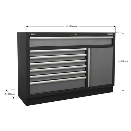 Sealey Superline Pro Gray and black tool cabinet with dimensions on a white background