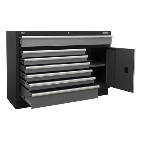 Sealey Superline Pro Tool chest with multiple drawers and an open door on a white background