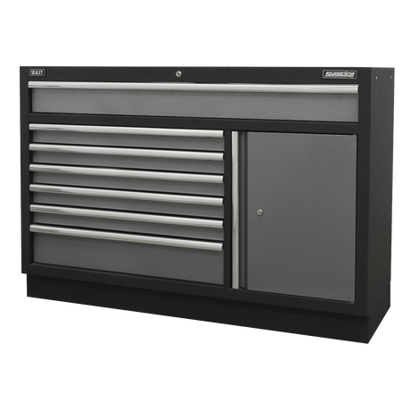 Sealey Superline Pro Black and gray tool cabinet with multiple drawers and a door on a white background