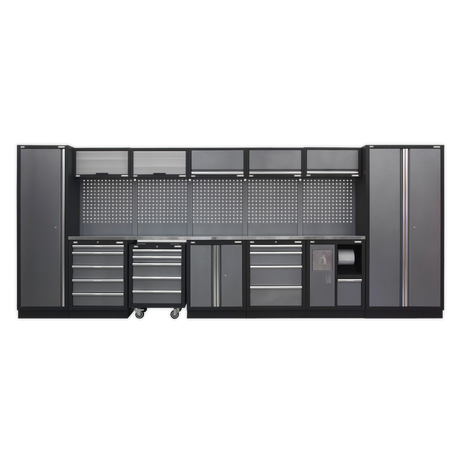 Sealey Superline Pro Large black and gray tool cabinet with multiple drawers and shelves on a white background