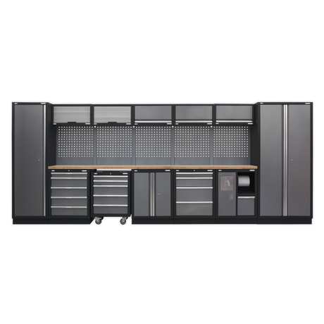 Sealey Superline Pro Large black garage storage cabinet with multiple drawers and shelves on a white background