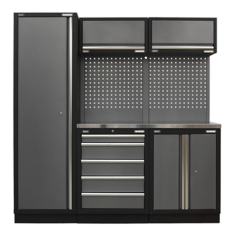 Sealey Superline Pro Gray garage storage cabinet with multiple drawers and a pegboard on a white background