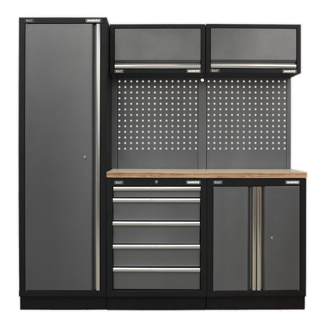 Sealey Superline Pro Gray garage cabinet with pegboard, drawers, and a wooden countertop on a white background