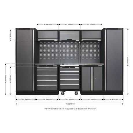 Sealey Superline Pro Dimensions of a black tool cabinet with drawers and shelves on a white background