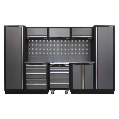 Sealey Superline Pro Black garage storage cabinet system with multiple drawers and doors on a white background