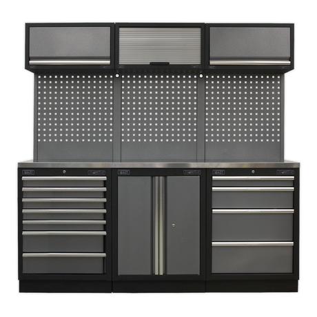 Sealey Superline Pro Gray tool cabinet with multiple drawers and doors on a white background