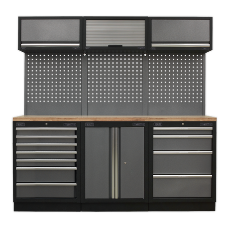Sealey Superline Pro Gray garage storage cabinet with multiple drawers and doors on a white background