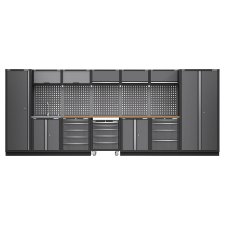 Sealey Superline Pro Gray storage cabinet system with shelves and drawers on a white background
