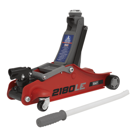 Sealey 2180LE 180° Handle Trolley Jack 2 Tonne Low Profile Short Chassis - Red - 2180LE - Sealey Tools UK - Workshop Tool Storage