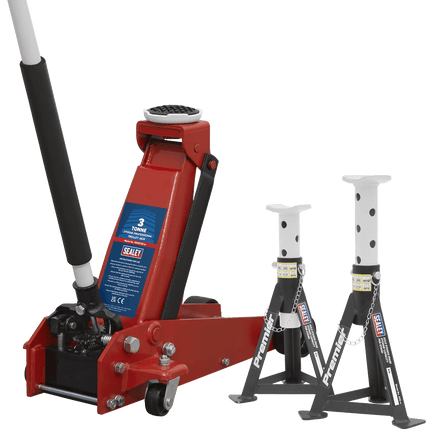 Sealey 3000CXDCOMBO1 Trolley Jack 3t & Axle Stands (Pair) 3t per Stand Combo - 3000CXDCOMBO1 - Sealey Tools UK - Workshop Tool Storage