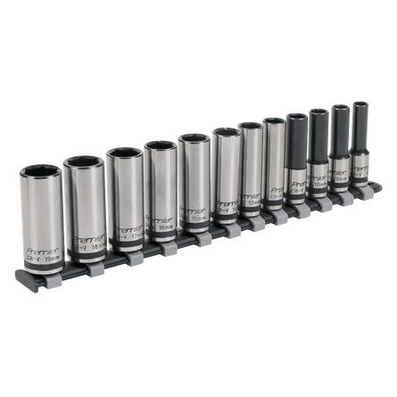 Sealey AK2744B Socket Set 12pc 3/8"Sq Drive Deep Lock - On„¢ 6pt Metric - Black Series - AK2744B - Sealey Tools UK - Workshop Tool Storage