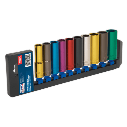 Sealey AK288D Multi - Coloured Socket Set 10pc 1/2"Sq Drive 6pt Deep WallDrive® Metric - AK288D - Sealey Tools UK - Workshop Tool Storage