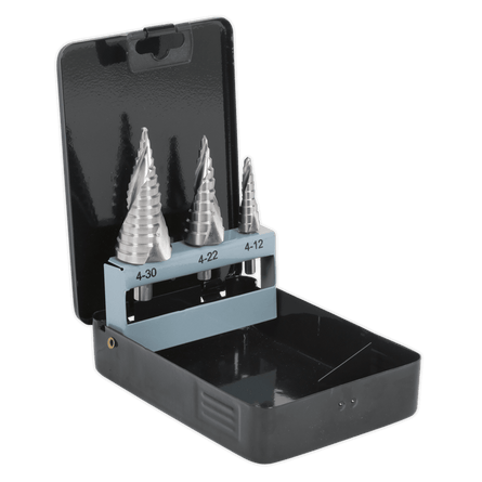 Sealey AK4749 HSS 4341 Step Drill Bit Set 3pc Spiral Flute - AK4749 - Sealey Tools UK - Workshop Tool Storage