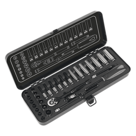 Sealey AK7970 Socket Set 32pc 1/4"Sq Drive 6pt WallDrive® Metric Black Series - AK7970 - Sealey Tools UK - Workshop Tool Storage