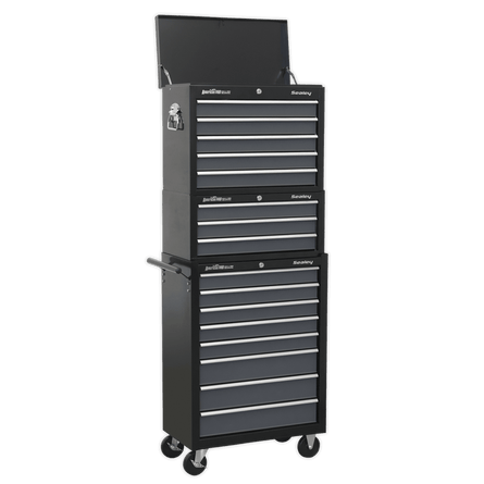 Sealey AP35STACK Tool Chest Combination 16 Drawer with Ball Bearing Slides - Black/Grey - AP35STACK - Sealey Tools UK - Workshop Tool Storage