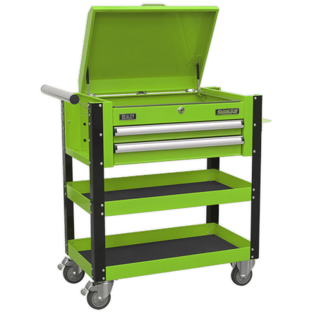 Sealey AP760MHV Heavy - Duty Mobile Tool & Parts Trolley 2 Drawers & Lockable Top - Hi - Vis Green - AP760MHV - Sealey Tools UK - Workshop Tool Storage