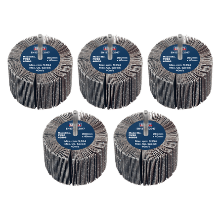 Sealey FW8040805 80 x 40mm Abrasive Flap Wheel 6mm Shaft 80Grit - Pack of 5 - FW8040805 - Sealey Tools UK - Workshop Tool Storage