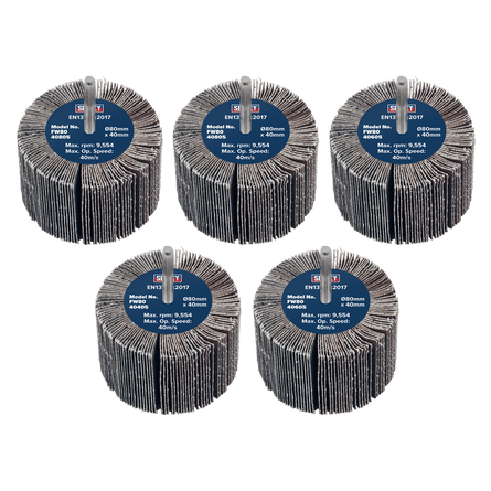 Sealey FW8040ASS 80 x 40mm Abrasive Flap Wheel 6mm Shaft Assorted Grit - Pack of 5 - FW8040ASS - Sealey Tools UK - Workshop Tool Storage