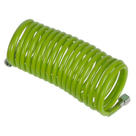 Sealey SA335G PE Coiled Air Hose 5m x 5mm with 1/4"BSP Unions - Green - SA335G - Sealey Tools UK - Workshop Tool Storage