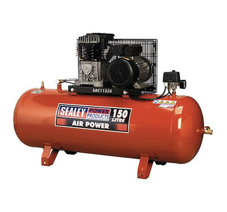 Sealey SAC1153B Compressor 150ltr Belt Drive 3hp with Cast Cylinders - Belt Drive - SLY-16449 - Sealey Tools UK - Workshop Tool Storage