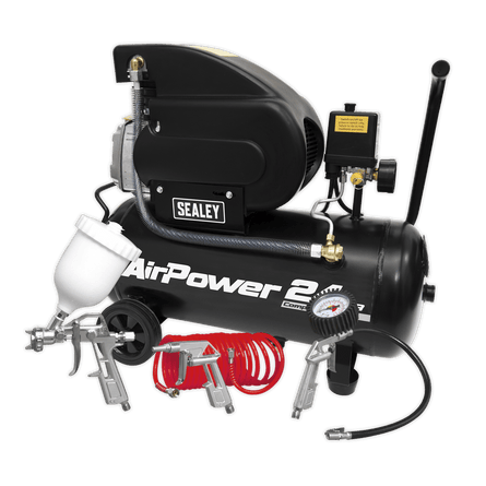 Sealey SAC2420APK Air Compressor 24L Direct Drive 2hp with 4pc Air Accessory Kit - SAC2420APK - Sealey Tools UK - Workshop Tool Storage