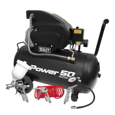 Sealey SAC5020APK Air Compressor 50L Direct Drive 2hp with 4pc Air Accessory Kit - SAC5020APK - Sealey Tools UK - Workshop Tool Storage