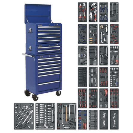 Sealey SPTCCOMBO1 Tool Chest Combination 14 Drawer with Ball Bearing Slides - Blue & 1179pc Tool Kit - SPTCCOMBO1 - Sealey Tools UK - Workshop Tool Storage
