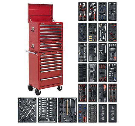Sealey SPTCOMBO1 Tool Chest Combination 14 Drawer with Ball Bearing Runners - Red & 1179pc Tool Kit - Combo Kits - SLY-15357 - Sealey Tools UK - Workshop Tool Storage