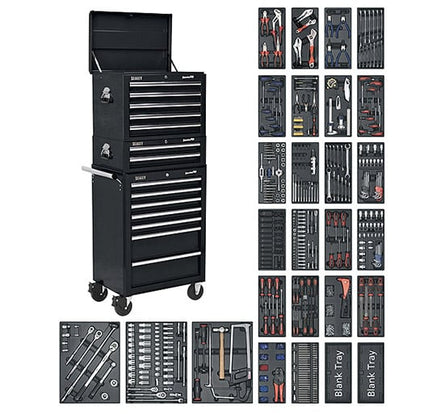 Sealey SPTCOMBO2 Tool Chest Combination 14 Drawer with Ball Bearing Runners - Black & 1179pc Tool Kit - Combo Kits - SLY-15356 - Sealey Tools UK - Workshop Tool Storage
