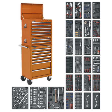 Sealey SPTOCOMBO1 Tool Chest Combination 14 Drawer with Ball Bearing Slides - Orange & 1179pc Tool Kit - SPTOCOMBO1 - Sealey Tools UK - Workshop Tool Storage