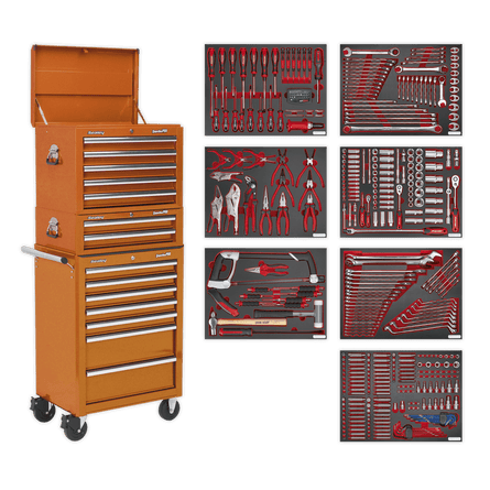 Sealey TBTPCOMBO4 Tool Chest Combination 14 Drawer with Ball Bearing Slides - Orange & 446pc Tool Kit - TBTPCOMBO4 - Sealey Tools UK - Workshop Tool Storage