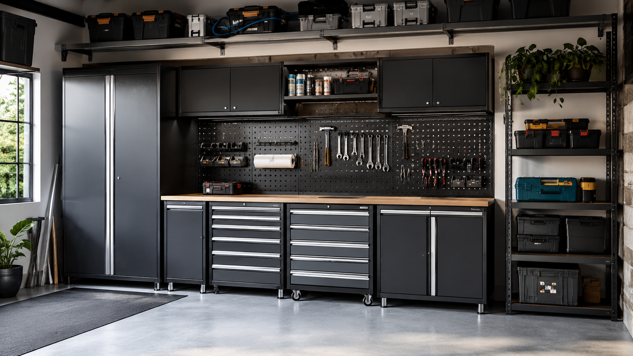 Workshop storage system with modular cabinets, tool drawers and workbench for garages and trade workshops