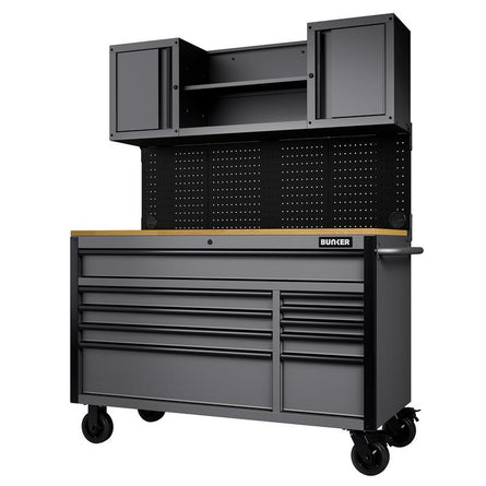 Draper BUNKER® 56" 10 Drawer Roller Workstation with Workbench – Gray or Light Gray