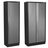 Two black metal cabinets with gray doors on a white background