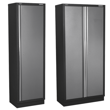 Two black metal cabinets with gray doors on a white background