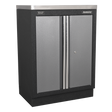 Metal storage cabinet with two doors on a white background