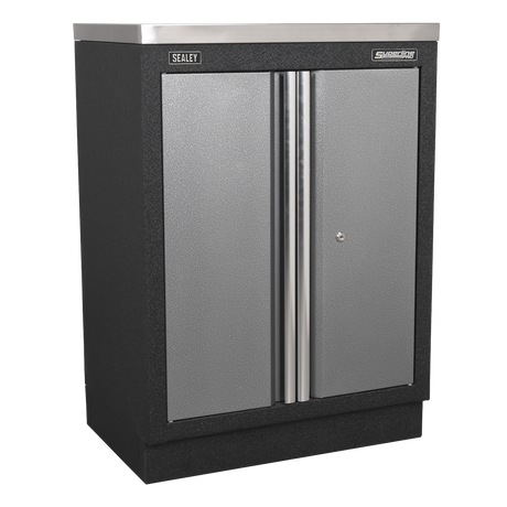 Metal storage cabinet with two doors on a white background
