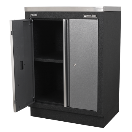 Black storage cabinet with one door open on a white background