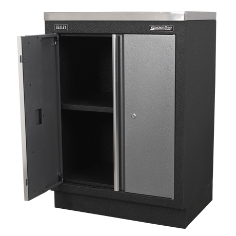 Black storage cabinet with one door open on a white background