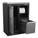 Black storage cabinet with a drawer and paper roll, featuring the Sealey brand.