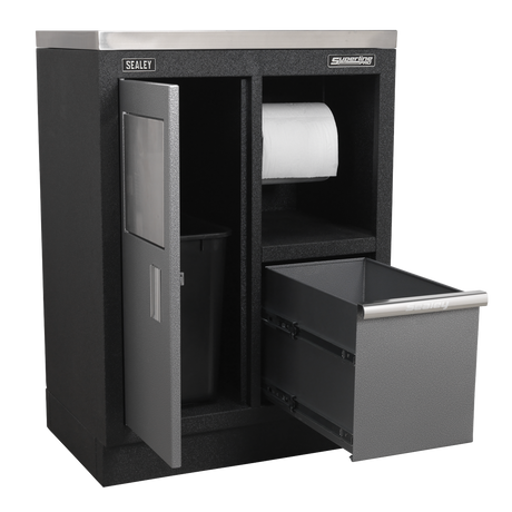 Black storage cabinet with a drawer and paper roll, featuring the Sealey brand.