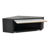 Black corner storage unit with a white shelf on a white background